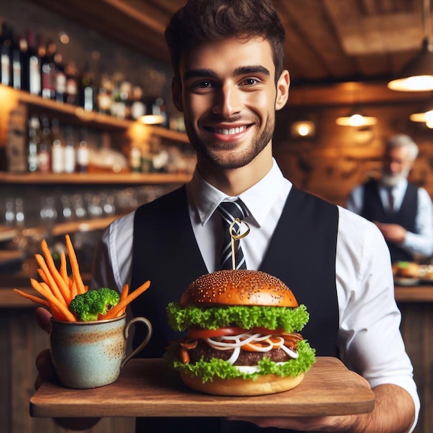 Waiter bringing a delicious hamburger to diners