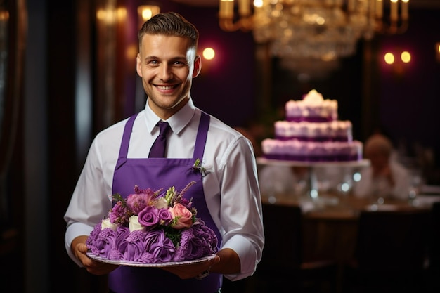 Waiter carries luxurious violet wedding cake decorated