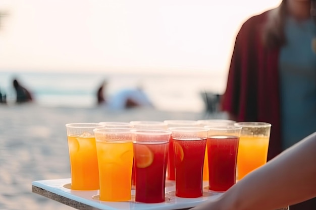 Waiter carrying cold drinks on the beach Happy carefree summer vacation Generative AI