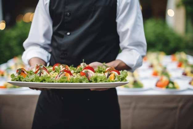 お祝いのイベントパーティーや結婚披露宴で食べ物の皿を運ぶウェイター