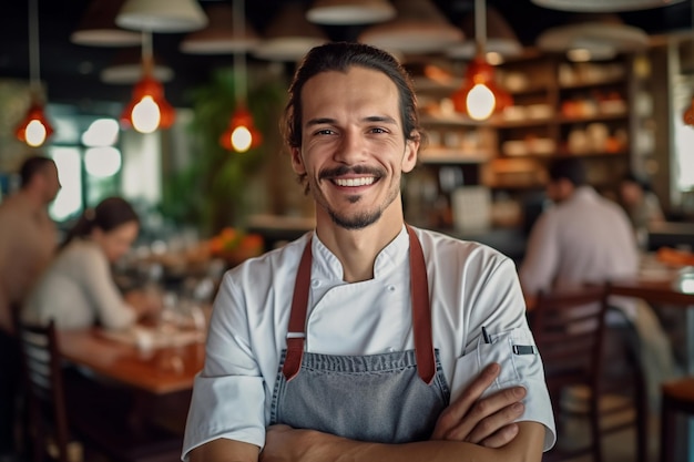 Waiter in a european restaurant portrait of a smiling man Generative AI