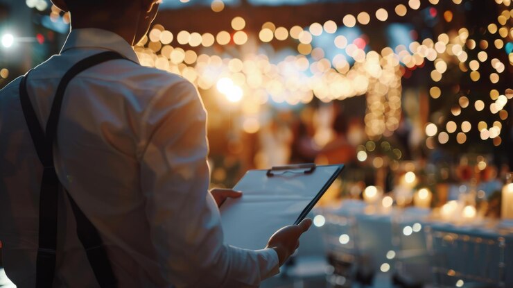 Photo a waiter in formal attire holds a clipboard standing amidst twinkling lights and a bustling elegantly decorated event space