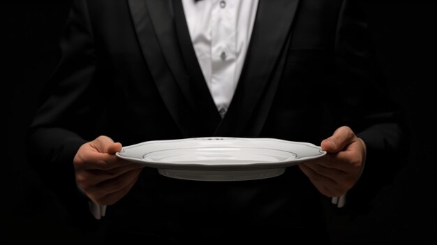 Photo a waiter in a formal black suit presenting an empty white ceramic plate with both hands