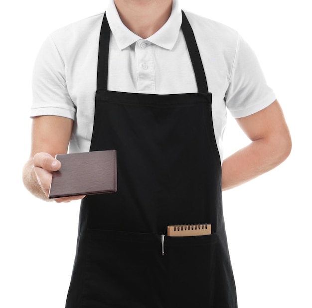 Photo waiter handing check on white background