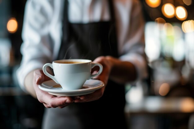 朝の光でカフェでコーヒーを飲んでいるウェイター