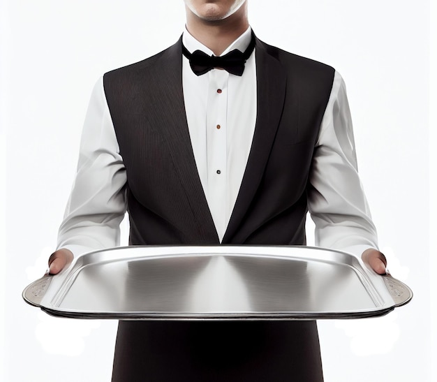 Waiter holding empty silver tray created with generative AI