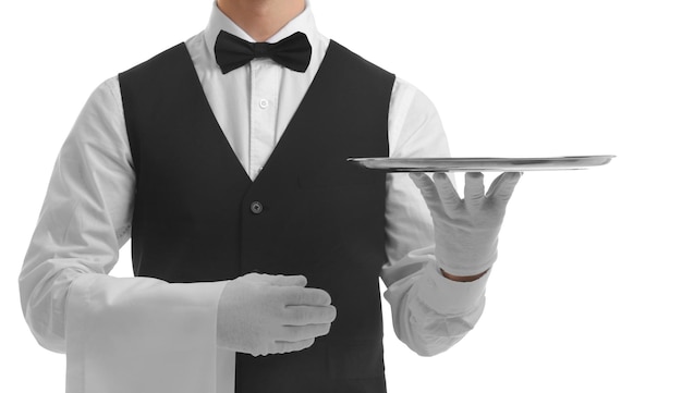 Waiter holding empty silver tray on white background