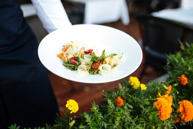 Cameriere che tiene piatto di insalata di gamberetti gourmet