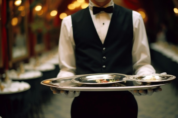 Официант держит серебряный поднос с серебряной тарелкой.