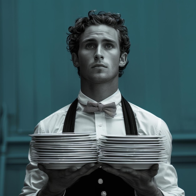 Photo waiter holding stack of plates
