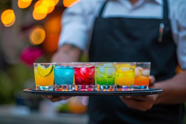 Waiter holding a tray of colorful cocktails Generative AI