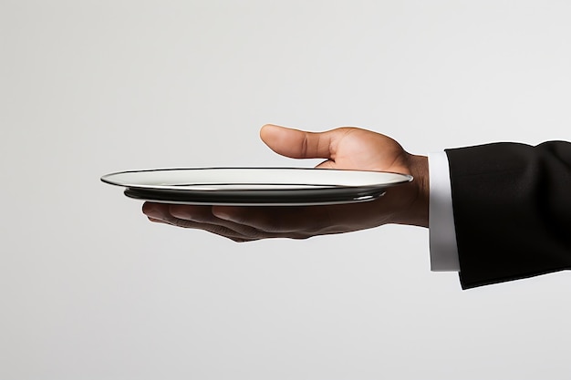 Waiter Holding White Plate Isolated on White Background Generative Ai