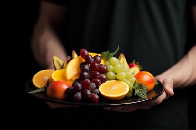 Foto il cameriere tiene un piatto di frutta con fette di pomodoro, uva, banana e ananas