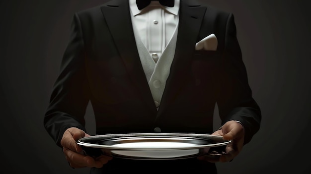Фото Официант в смокинге с пустой серебряной тарелкой на темном фоне