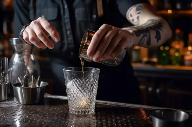 Photo waiter preparing a cocktail at the bar of a pub
