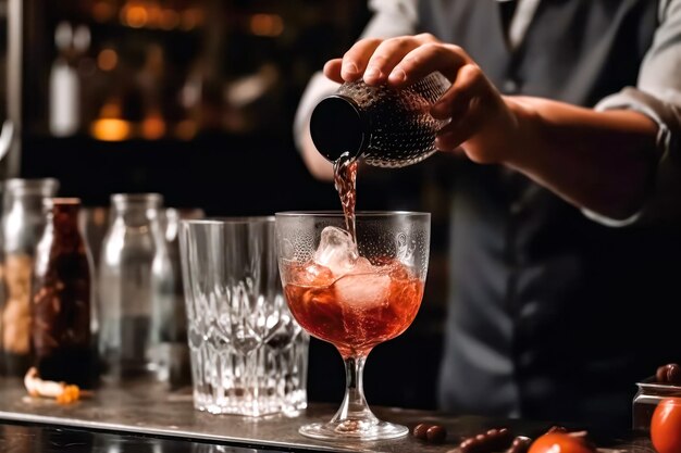 Foto il cameriere prepara un cocktail al bar di un pub