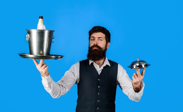 Waiter restaurant serving professional waiter in uniform handsome waiter with serving tray and wine