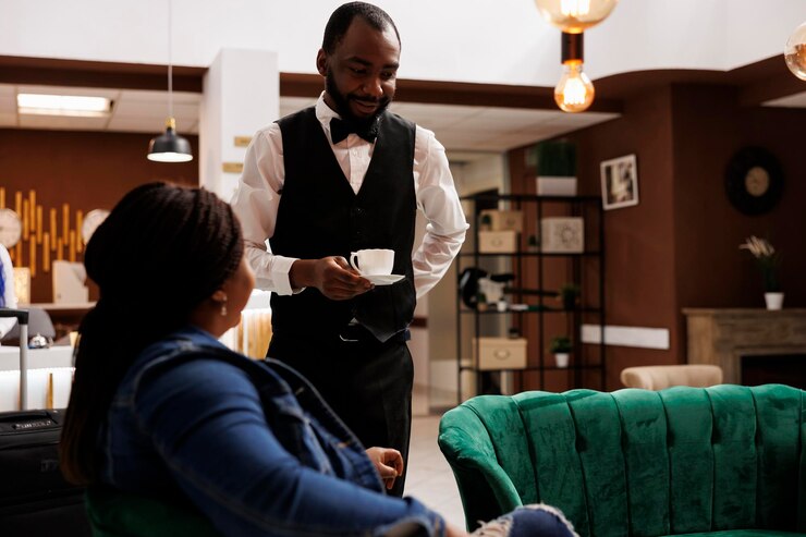 Photo waiter serve free coffee to hotel guest