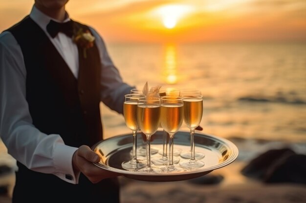 Официант подает бокалы с шампанским на подносе на пляже на фоне заката.
