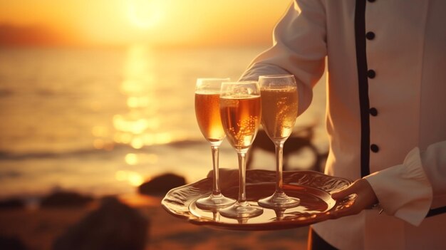 Foto il cameriere serve lo champagne su un vassoio la spiaggia d'estate al tramonto vacanze