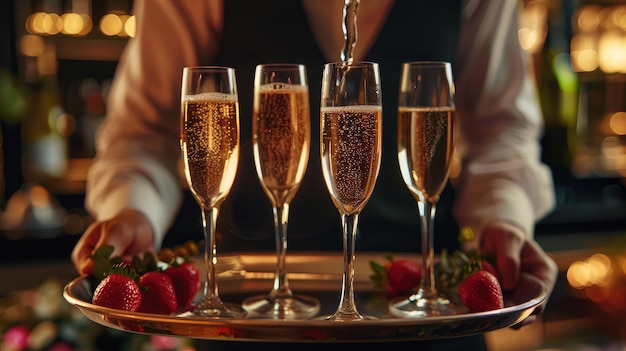 Photo waiter serving champagne on a tray