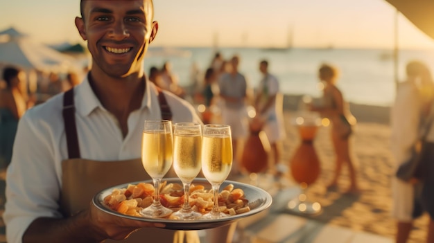 Waiter Serving Champagne unrecognizable face focus on champage tray Summer Beach