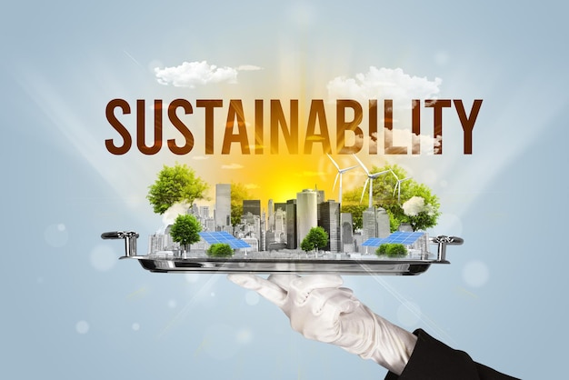 Waiter serving eco cityscape concept concept