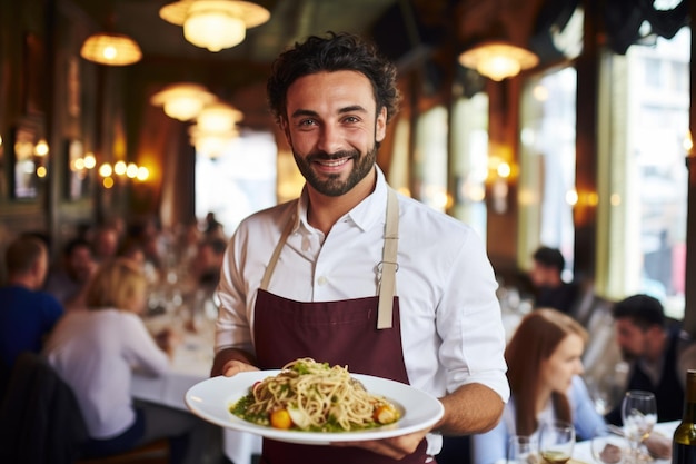 Foto un cameriere che serve la pasta in un vivace ristorante italiano