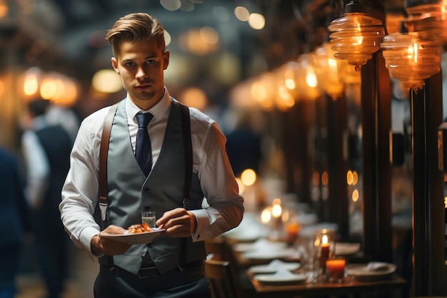 Waiter in a suit holding a plate with drinks and walking in a restaurant Many tables on background