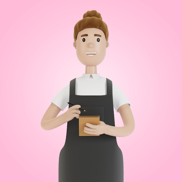 The waiter takes the order with a notebook and pencil 3D illustration in cartoon style