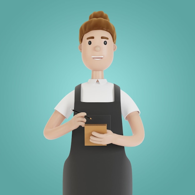 The waiter takes the order with a notebook and pencil 3D illustration in cartoon style