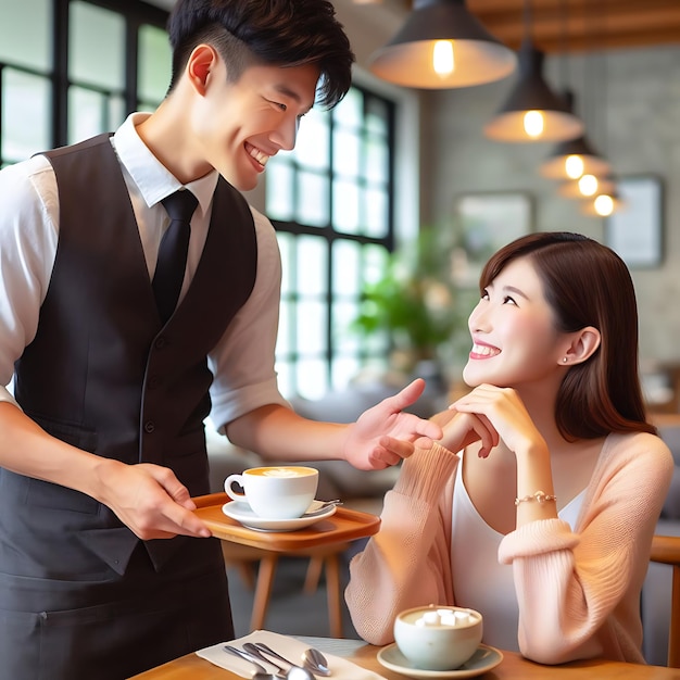 waiter and waitress serve coffee