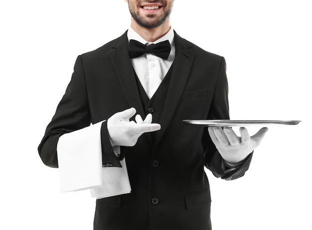 Photo waiter with metal tray on white background closeup