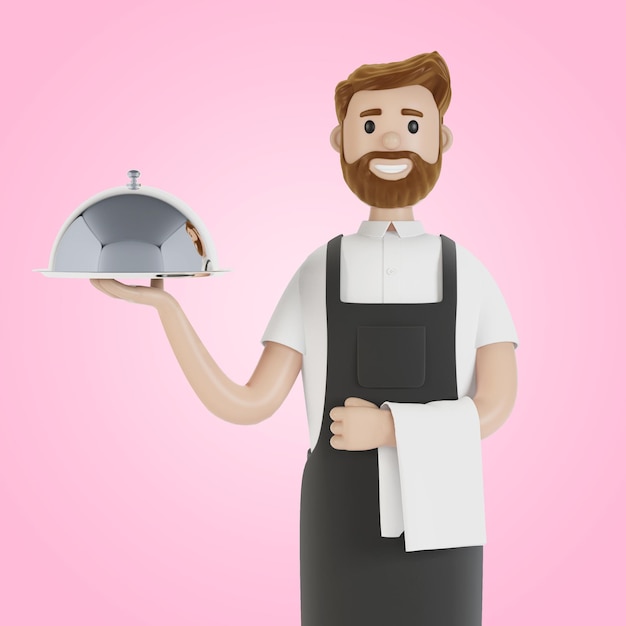 Waiter with a tray 3D illustration in cartoon style