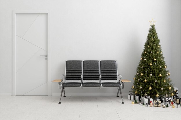 Waiting area in the office or in the hospital with bench\
christmas tree ornaments and gift boxes