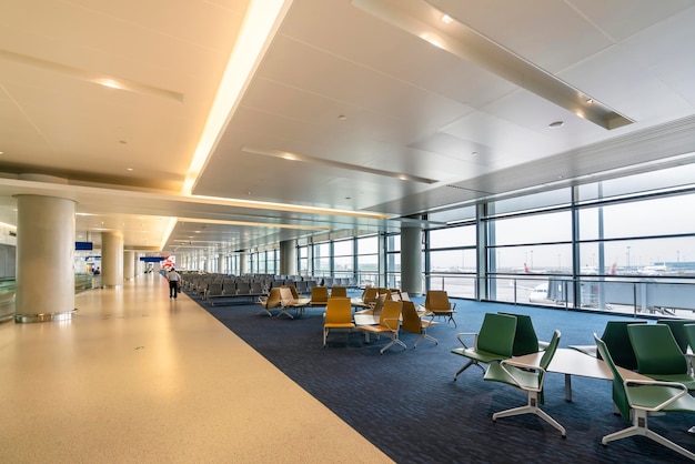 Waiting area with seats in new airport terminal