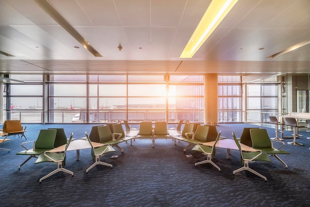 Waiting area with seats in new airport terminal