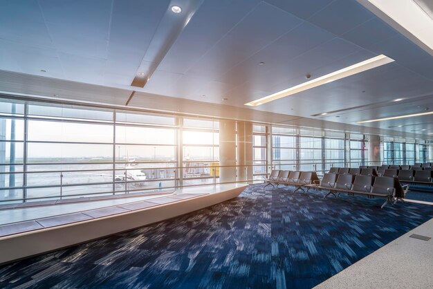 Waiting area with seats in new airport terminal