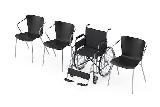 Waiting Chairs in Row With Empty Wheelchair on a white background 3d Rendering