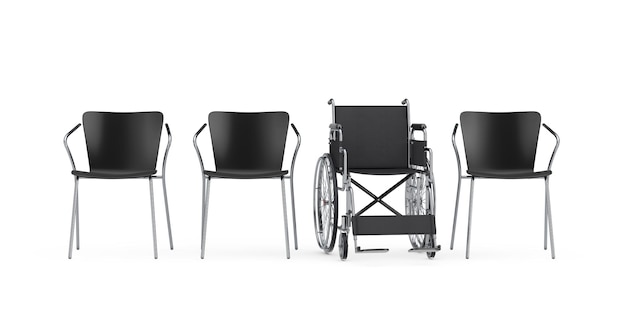 Waiting Chairs in Row With Empty Wheelchair on a white background 3d Rendering