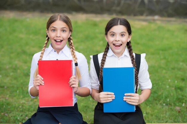 Waiting for the exam results teen schoolgirls doing homework Children using copybooks to study Education and distance learning for kids Homeschooling on quarantine Child care and happy childhood