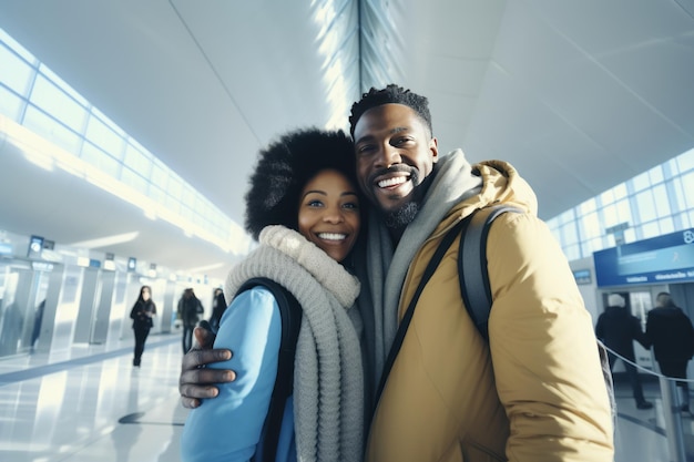 Счастливая чернокожая пара веселится вместе в терминале перед посадкой на самолет