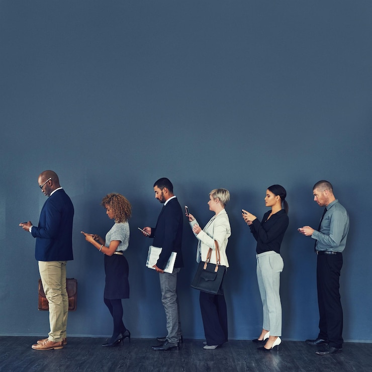 Photo waiting room business people and queue in office for interview recruitment process and opportunity job vacancy mockup space and candidates in line cv and tech for application at human resources