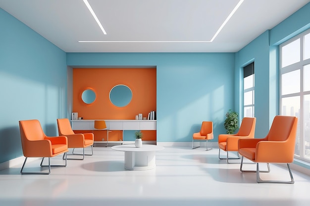 A waiting room in the clinic with orange chairs and light blue walls and white floors 3d rendering