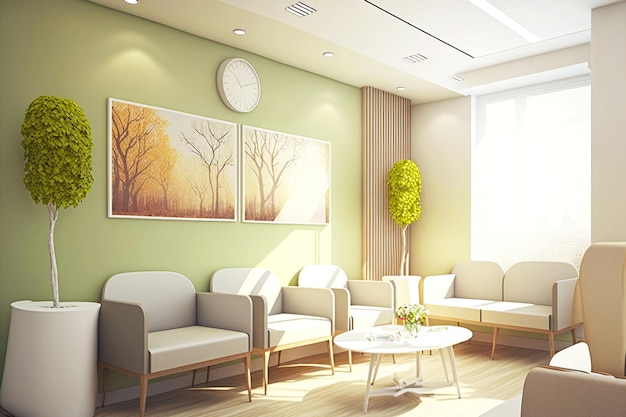 Waiting room and reception in medical clinic with comfortable sofas