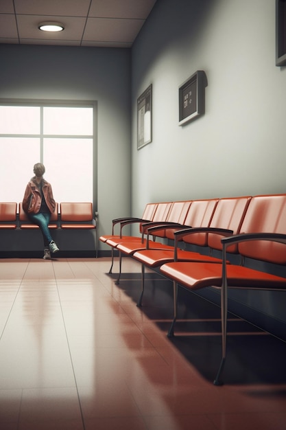 Photo waiting room with a woman sitting on a red bench