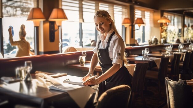 Waitress Clearing Tables in Restaurant