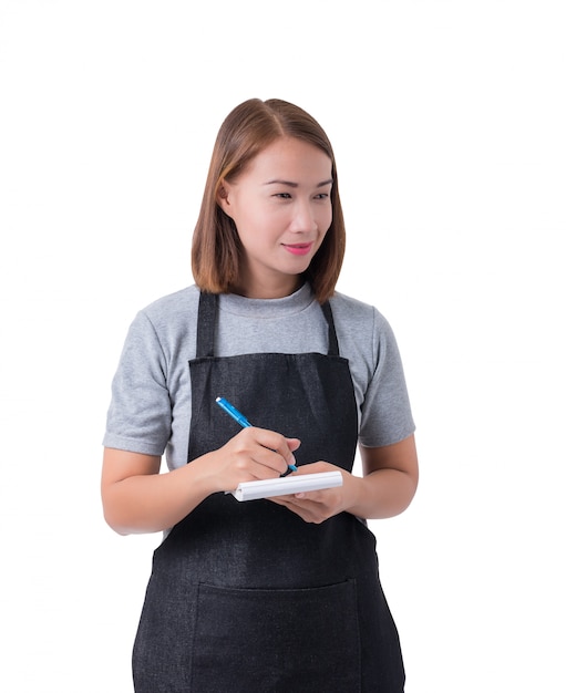 Waitress, delivery woman or Servicewoman in Gray shirt and apron isolated on white background