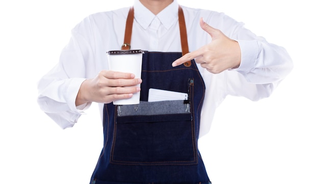 Waitress hold menu coffee cup order to service customer client in shop restaurant with smile Employee staff wear apron to serve as entrepreneur owner for small business copy space white background