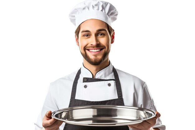 waitress holding an empty pan white background